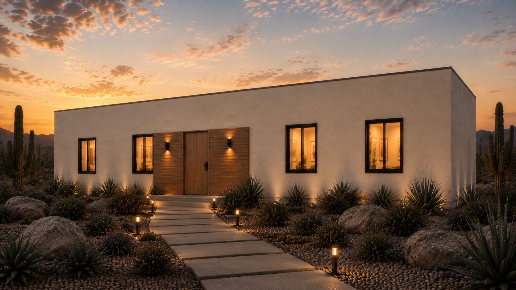 Fachada del modelo Aurora en paisaje desértico